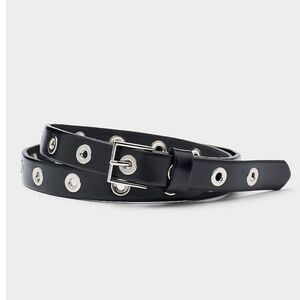 Black and silver metallic grommet real Italian leather thin belt made in Canada